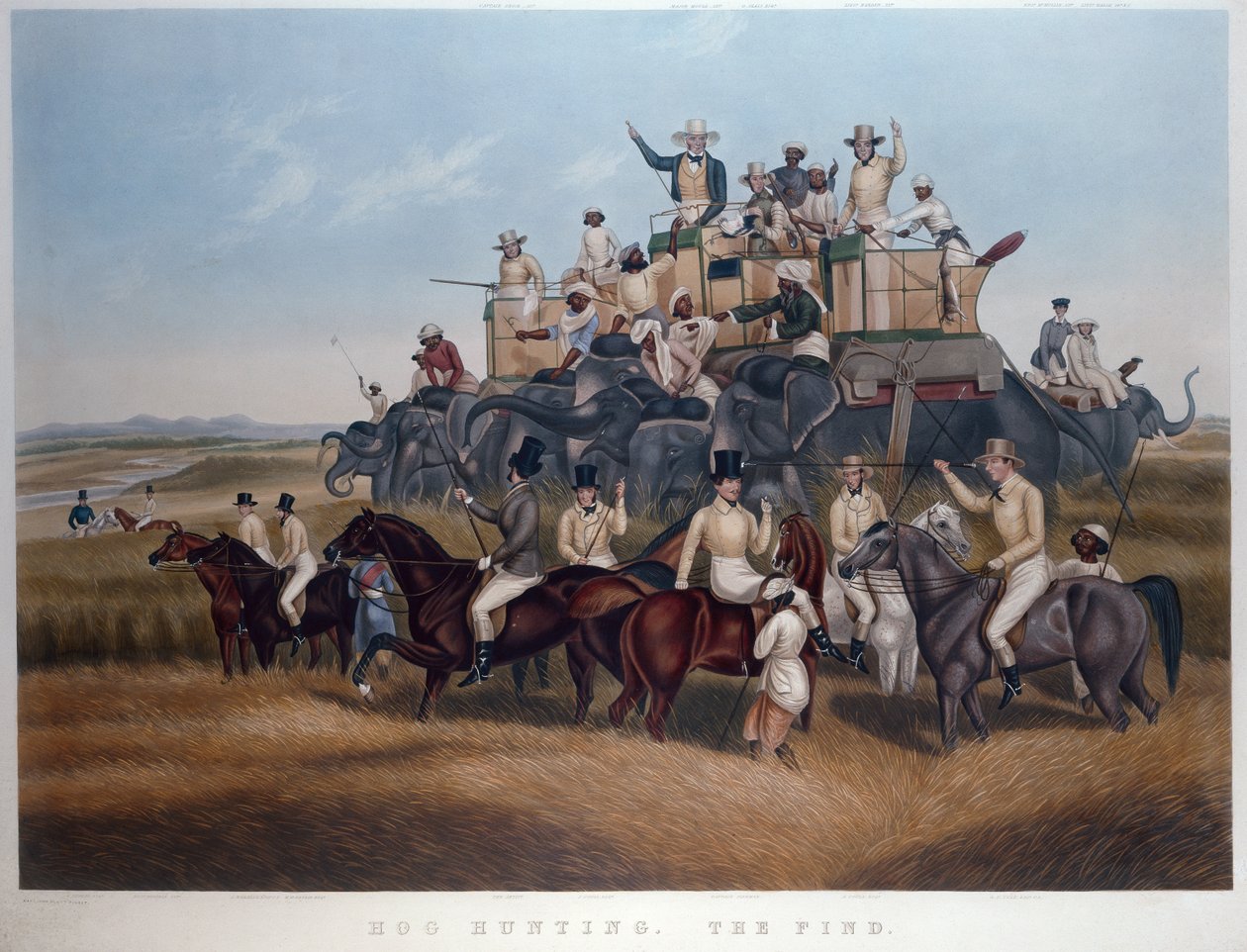 Hog Hunting: The Find, ryté a hospodské. od Messrs Fores, kolem roku 1840 (barevná rytina) od Captain John (after) Platt