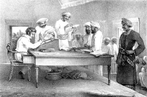 Soudce Kutchery-Merut, z knihy "Views in India, St. Helena and Car Nicobar", pub. 1835 (rytina) od Captain John Luard