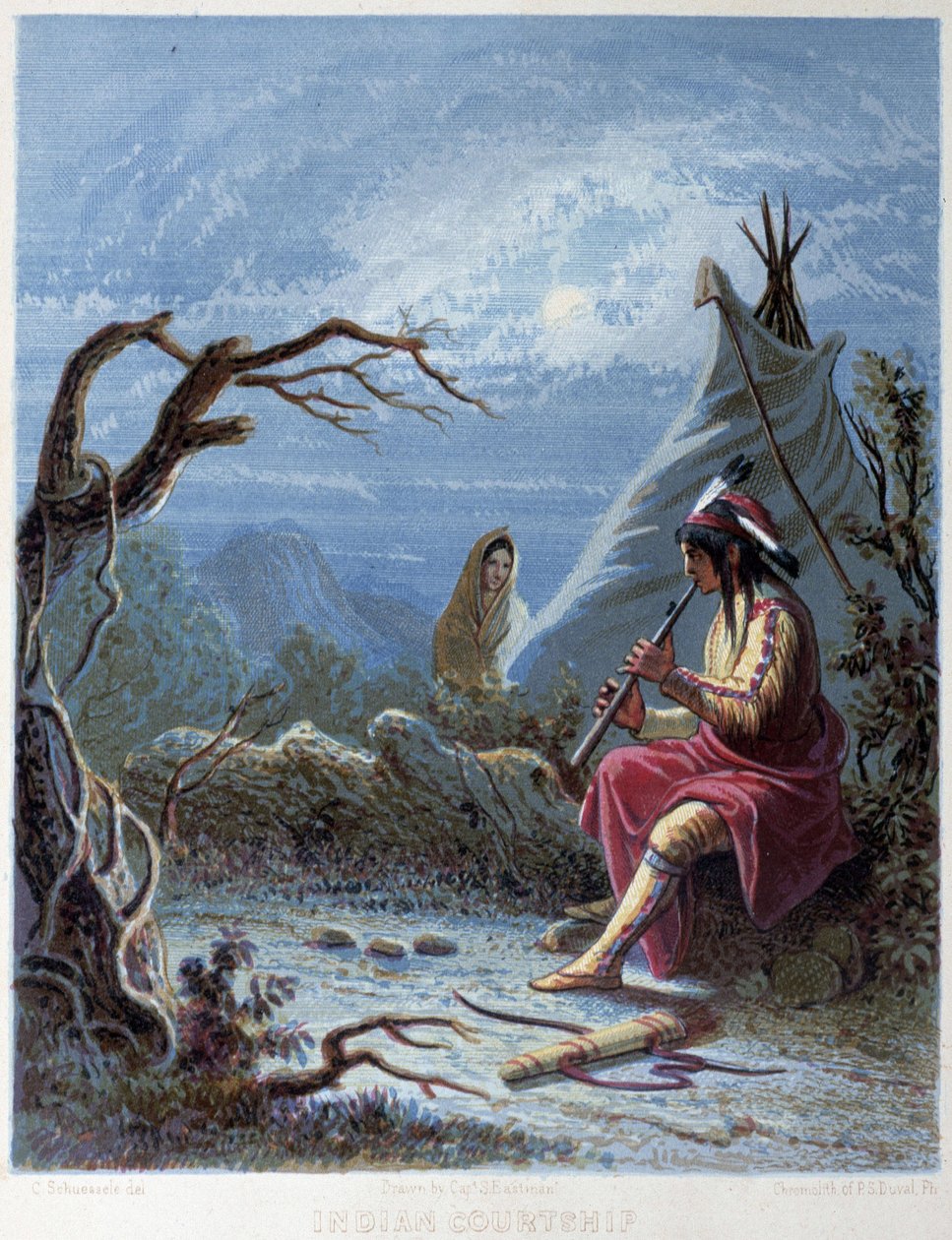 Indián hrající na flétnu - v „Iris: osvětlený suvenýr na rok 1802“, nakreslil kapitán Eastman, ed. Hart, Philadelphia od Captain Seth (after) Eastman