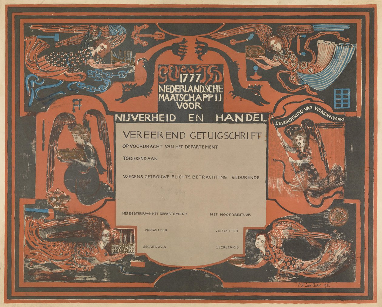 Osvědčení Nizozemské společnosti pro průmysl a obchod od Carel Adolph Lion Cachet