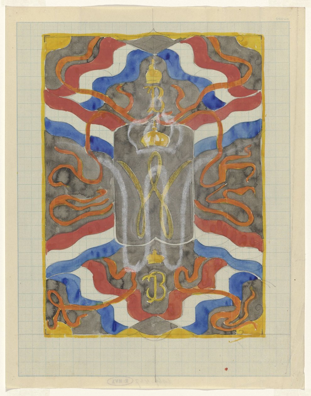Entwurf mit Flaggen, Bannern und einer gekrönten W und B od Carel Adolph Lion Cachet