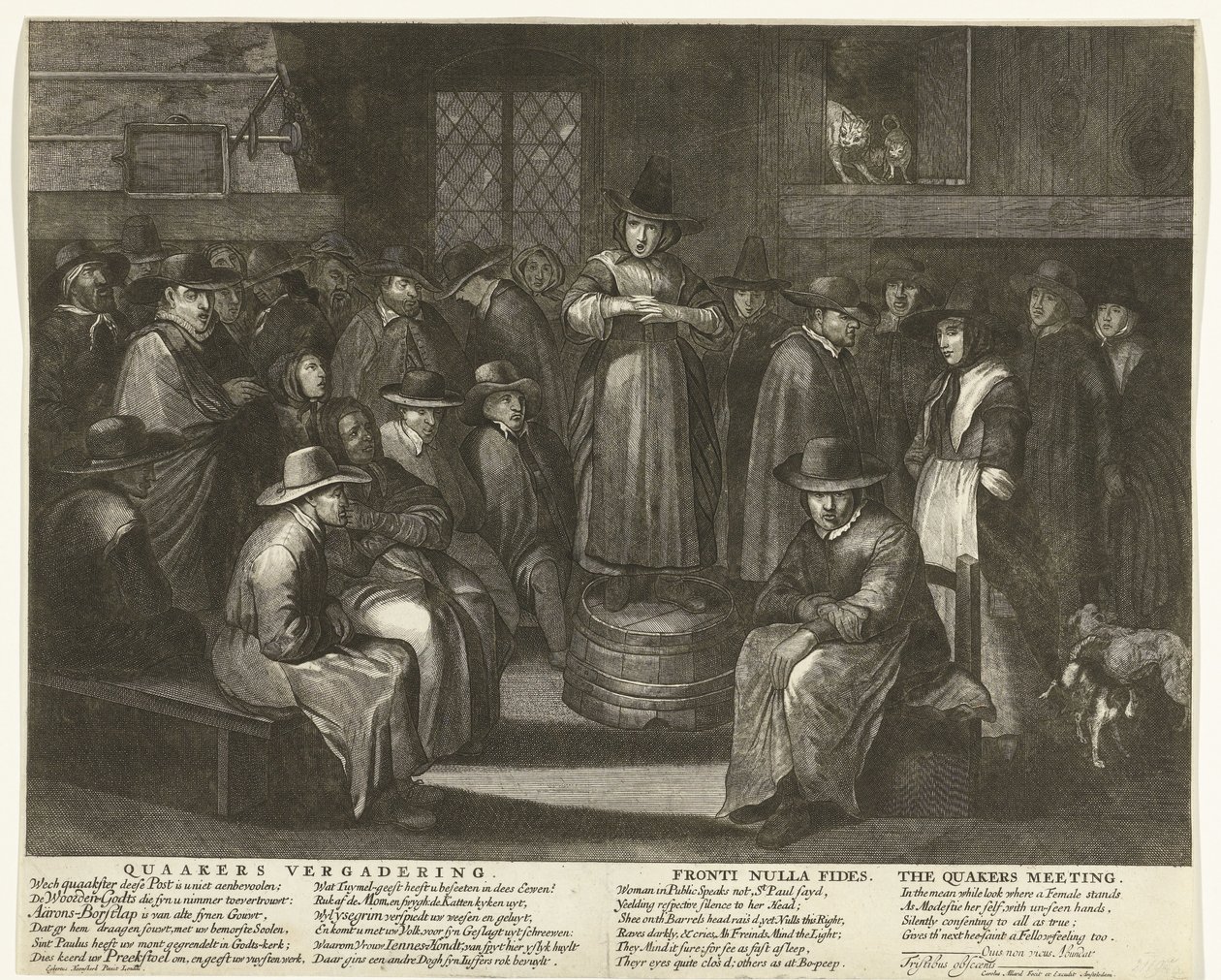 Karikatura anglických kvakerů, kolem roku 1656 Setkání kvakerů / Fronti Nulla Fides / Setkání kvakerů (název na objektu) od Carel Allard