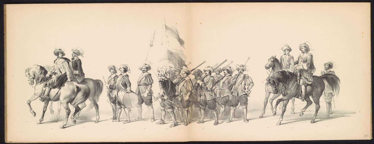 Maškaráda leidenských studentů, 1850 (deska 10) Intogt Frederika Hendrika v Hertogenboschi v roce 1629: kostýmovaná reprezentace H.H. studenti Leydsche Hoogeschool den XI Junij z roku 1850 (název série na objektu) od Carel Christiaan Antony Last