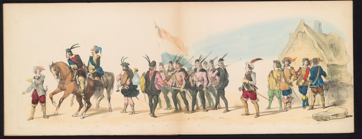Maškaráda leidenských studentů, 1850 (deska 11) Intogt Frederika Hendrika v Hertogenboschi v roce 1629: kostýmovaná reprezentace H.H. studenti Leydsche Hoogeschool den XI Junij z roku 1850 (název série na objektu) od Carel Christiaan Antony Last