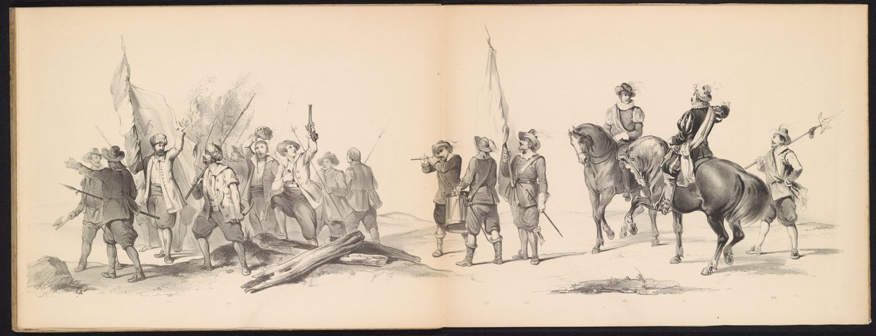 Maškaráda leidenských studentů, 1850 (deska 12) Intogt Frederika Hendrika v Hertogenboschi v roce 1629: kostýmovaná reprezentace H.H. studenti Leydsche Hoogeschool den XI Junij z roku 1850 (název série na objektu) od Carel Christiaan Antony Last