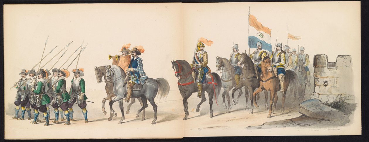 Maškaráda leidenských studentů, 1850 (deska 13) Intogt Frederika Hendrika v Hertogenboschi v roce 1629: kostýmovaná reprezentace H.H. studenti Leydsche Hoogeschool den XI Junij z roku 1850 (název série na objektu) od Carel Christiaan Antony Last