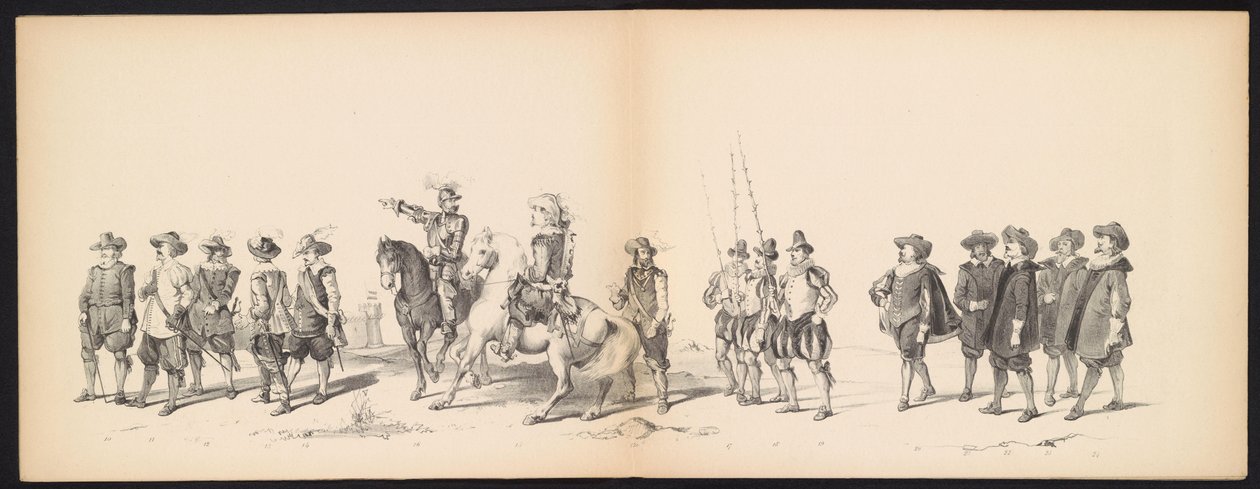 Maškaráda leidenských studentů, 1850 (deska 2) Intogt Frederika Hendrika v Hertogenboschi v roce 1629: kostýmovaná reprezentace H.H. studenti Leydsche Hoogeschool den XI Junij z roku 1850 (název série na objektu) od Carel Christiaan Antony Last