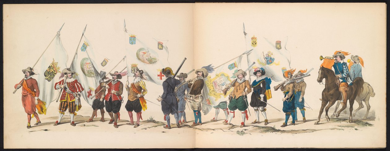 Maškaráda leidenských studentů, 1850 (deska 3) Intogt Frederika Hendrika v Hertogenboschi v roce 1629: kostýmovaná reprezentace H.H. studenti Leydsche Hoogeschool den XI Junij z roku 1850 (název série na objektu) od Carel Christiaan Antony Last