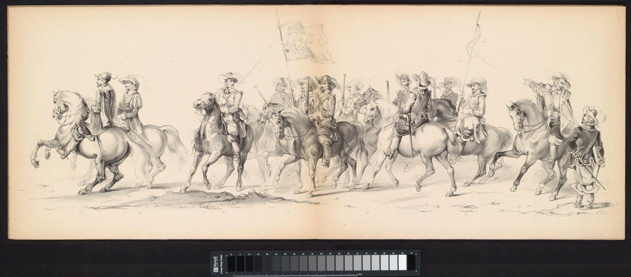 Maškaráda leidenských studentů, 1850 (deska 4) Intogt Frederika Hendrika v Hertogenboschi v roce 1629: kostýmovaná reprezentace H.H. studenti Leydsche Hoogeschool den XI Junij z roku 1850 (název série na objektu) od Carel Christiaan Antony Last
