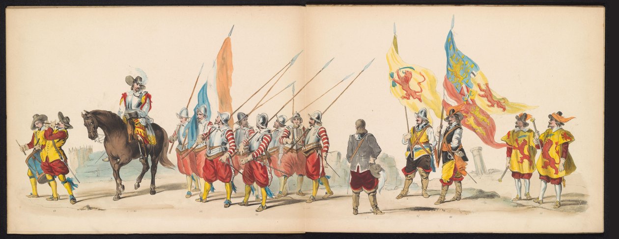 Maškaráda leidenských studentů, 1850 (deska 5) Intogt Frederika Hendrika v Hertogenboschi v roce 1629: kostýmovaná reprezentace H.H. studenti Leydsche Hoogeschool den XI Junij z roku 1850 (název série na objektu) od Carel Christiaan Antony Last