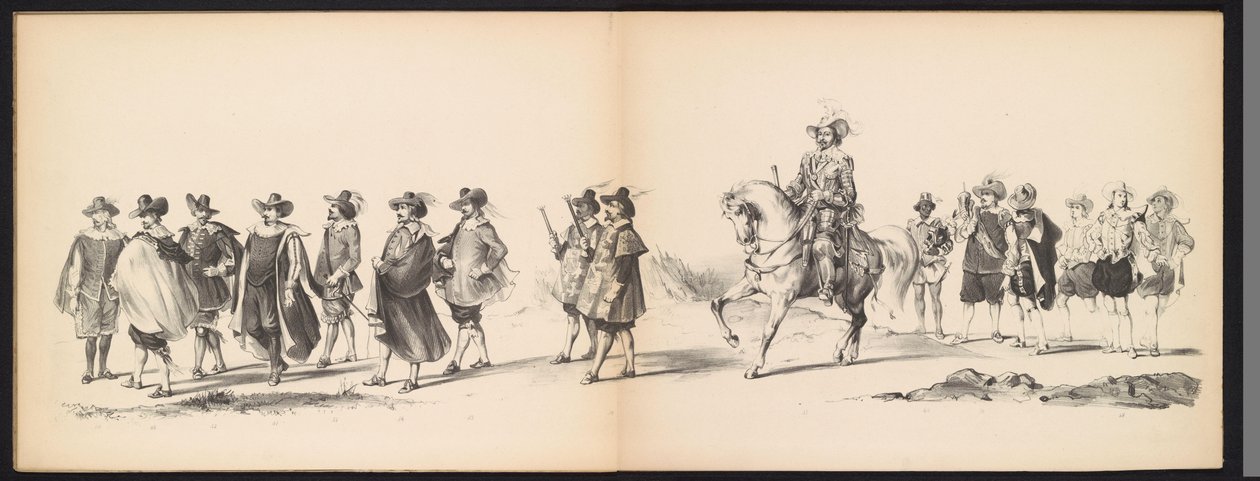 Maškaráda leidenských studentů, 1850 (deska 6) Intogt Frederika Hendrika v Hertogenboschi v roce 1629: kostýmovaná reprezentace H.H. studenti Leydsche Hoogeschool den XI Junij z roku 1850 (název série na objektu) od Carel Christiaan Antony Last