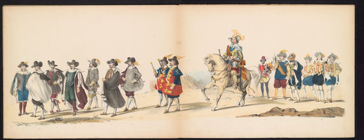 Maškaráda leidenských studentů, 1850 (deska 6) Intogt Frederika Hendrika v Hertogenboschi v roce 1629: kostýmovaná reprezentace H.H. studenti Leydsche Hoogeschool den XI Junij z roku 1850 (název série na objektu) od Carel Christiaan Antony Last
