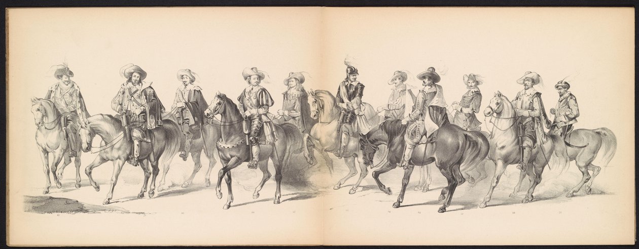 Maškaráda leidenských studentů, 1850 (deska 7) Intogt Frederika Hendrika v Hertogenboschi v roce 1629: kostýmovaná reprezentace H.H. studenti Leydsche Hoogeschool den XI Junij z roku 1850 (název série na objektu) od Carel Christiaan Antony Last