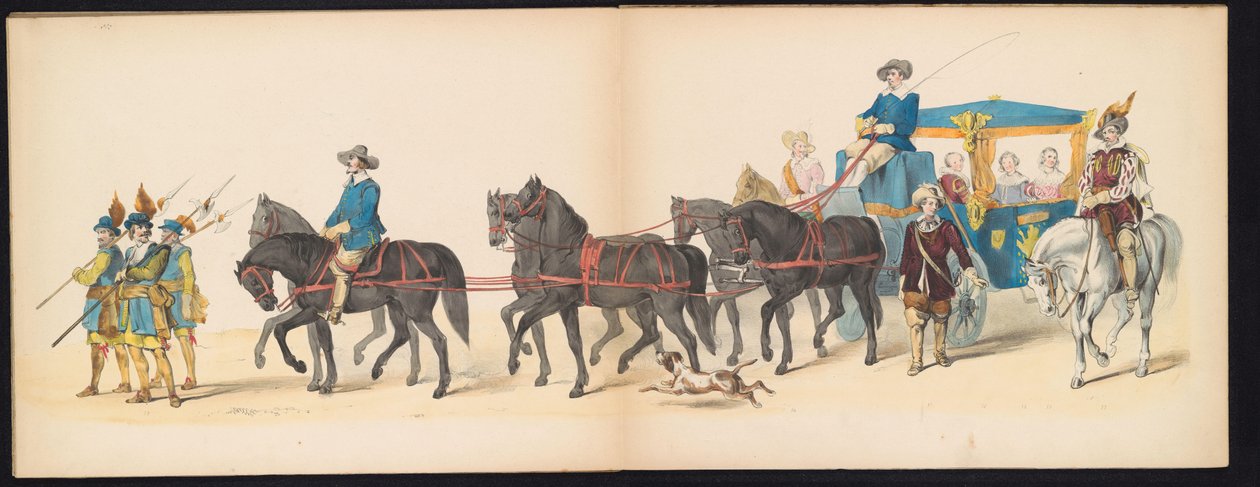 Maškaráda leidenských studentů, 1850 (deska 8) Intogt Frederika Hendrika v Hertogenboschi v roce 1629: kostýmovaná reprezentace H.H. studenti Leydsche Hoogeschool den XI Junij z roku 1850 (název série na objektu) od Carel Christiaan Antony Last
