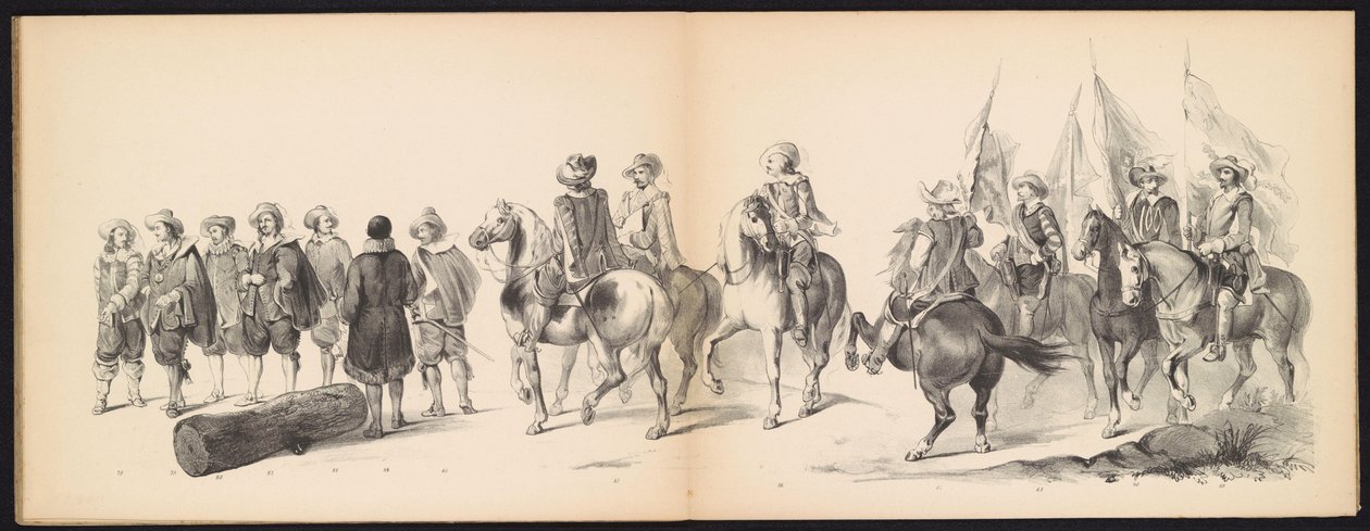 Maškaráda leidenských studentů, 1850 (deska 9) Intogt Frederika Hendrika v Hertogenboschi v roce 1629: kostýmovaná reprezentace H.H. studenti Leydsche Hoogeschool den XI Junij z roku 1850 (název série na objektu) od Carel Christiaan Antony Last