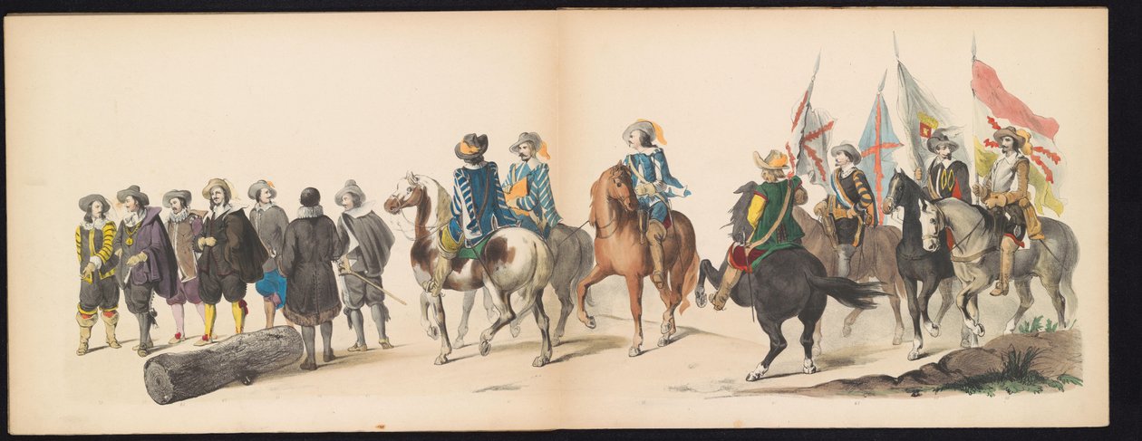 Maškaráda leidenských studentů, 1850 (deska 9) Intogt Frederika Hendrika v Hertogenboschi v roce 1629: kostýmovaná reprezentace H.H. studenti Leydsche Hoogeschool den XI Junij z roku 1850 (název série na objektu) od Carel Christiaan Antony Last