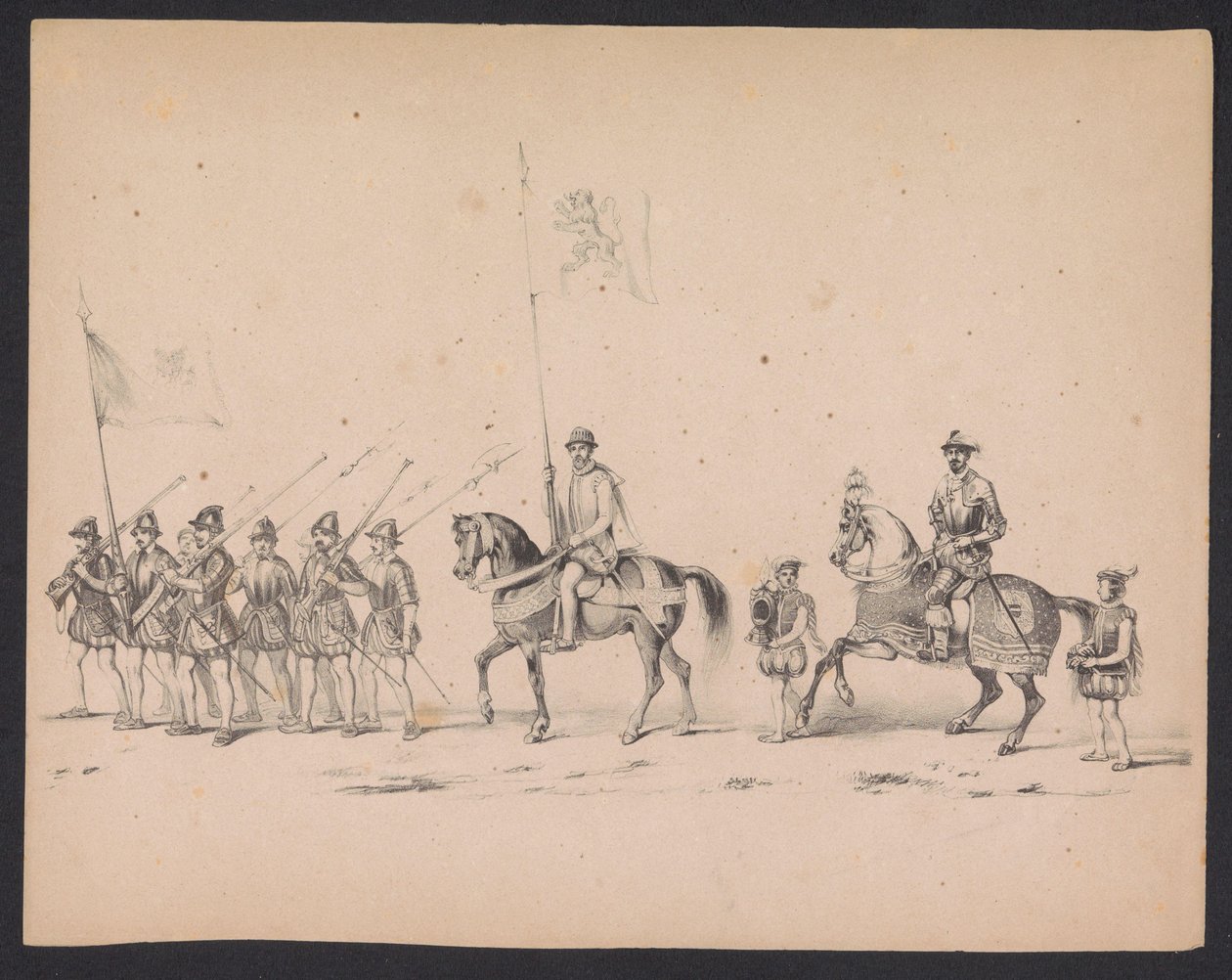 Maškaráda utrechtských studentů, 1846 (deska 2) Vyobrazení krojovaného průvodu, zobrazující průvod Filipa II., prince španělského, v Utrechtu, 3. října 1549, pořádaný 17. června 1846, H.H. Studenti Utrechtsche od Carel Christiaan Antony Last