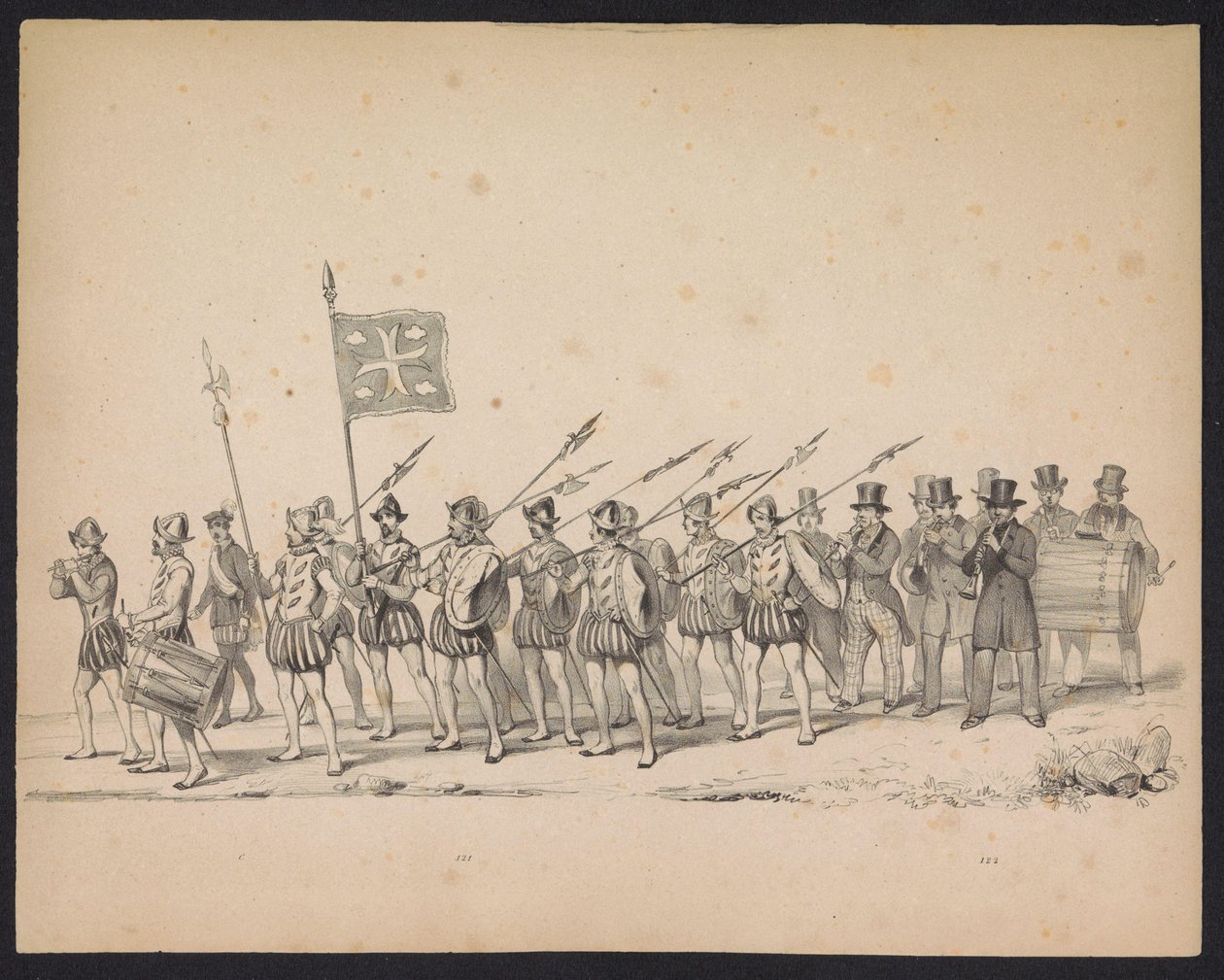 Maškaráda utrechtských studentů, 1846 (deska 22) Vyobrazení krojovaného průvodu, zobrazující průvod Filipa II., prince španělského, v Utrechtu, 3. října 1549, pořádaný 17. června 1846, H.H. Studenti Utrechtsche od Carel Christiaan Antony Last