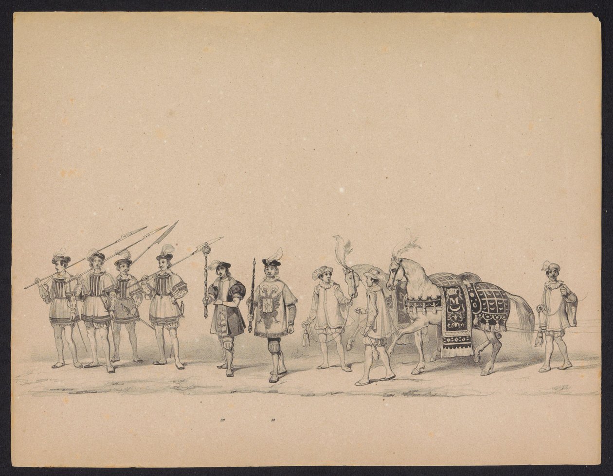 Maškaráda utrechtských studentů, 1846 (deska 7) Vyobrazení krojovaného průvodu, zobrazující průvod Filipa II., prince španělského, v Utrechtu, 3. října 1549, pořádaný 17. června 1846, H.H. Studenti Utrechtsche od Carel Christiaan Antony Last