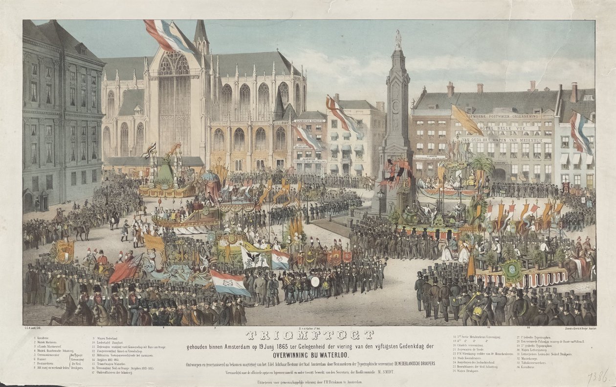 Triumf v Amsterdamu dne 19. června 1865 u příležitosti oslav padesátého výročí vítězství u Waterloo (název na předmětu) od Carel Christiaan Antony Last