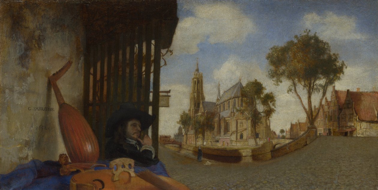 Pohled na Delft, se stánkem prodavačů hudebních nástrojů, 1652 od Carel Fabritius