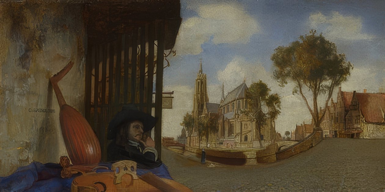 Pohled na Delft se stojanem prodejce hudebních nástrojů. 1652 od Carel Fabritius