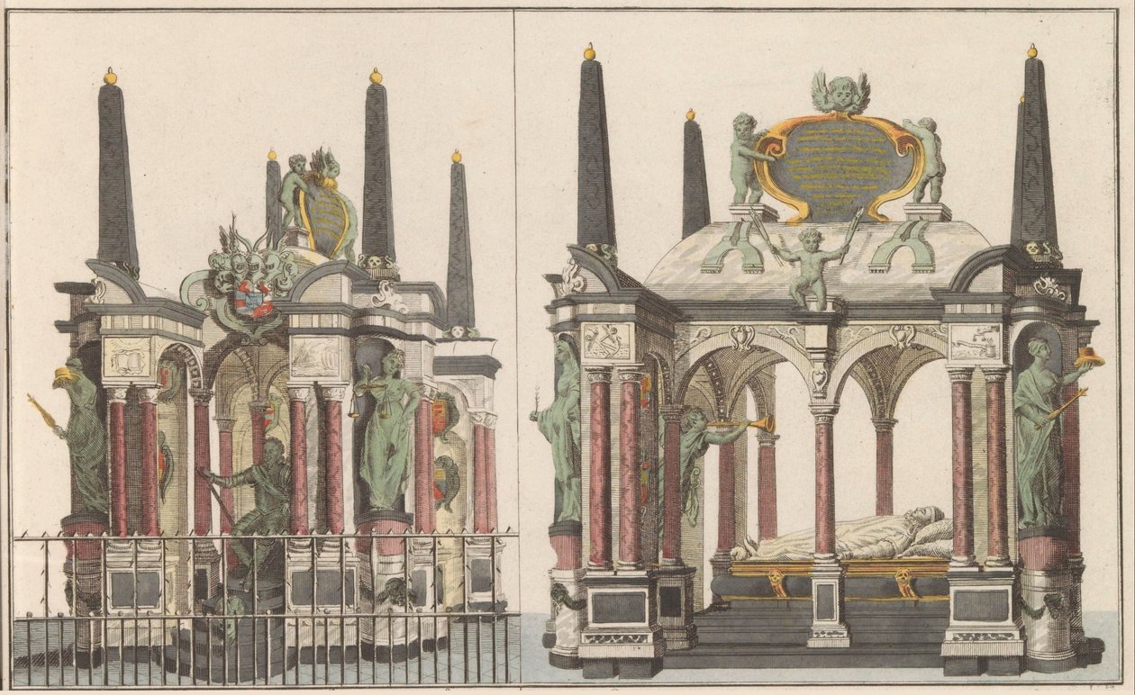 Praalgraf van Willem van Oranje v Delftu, ca. 1790 Skvělé mauzoleum královské rodiny ve Velkém kostele v Delftu / Totéž převzato ze severní strany (název na objektu) od Carel Frederik Bendorp (I) (possibly)