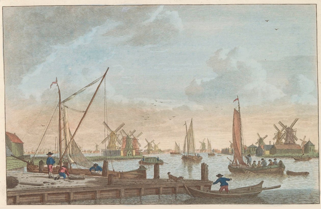 Zaan ve Wormerveeru, asi 1790 Wormerveer van de Poelsluis / Wormerveer aupres du Saan (název na objektu) od Carel Frederik Bendorp (I)