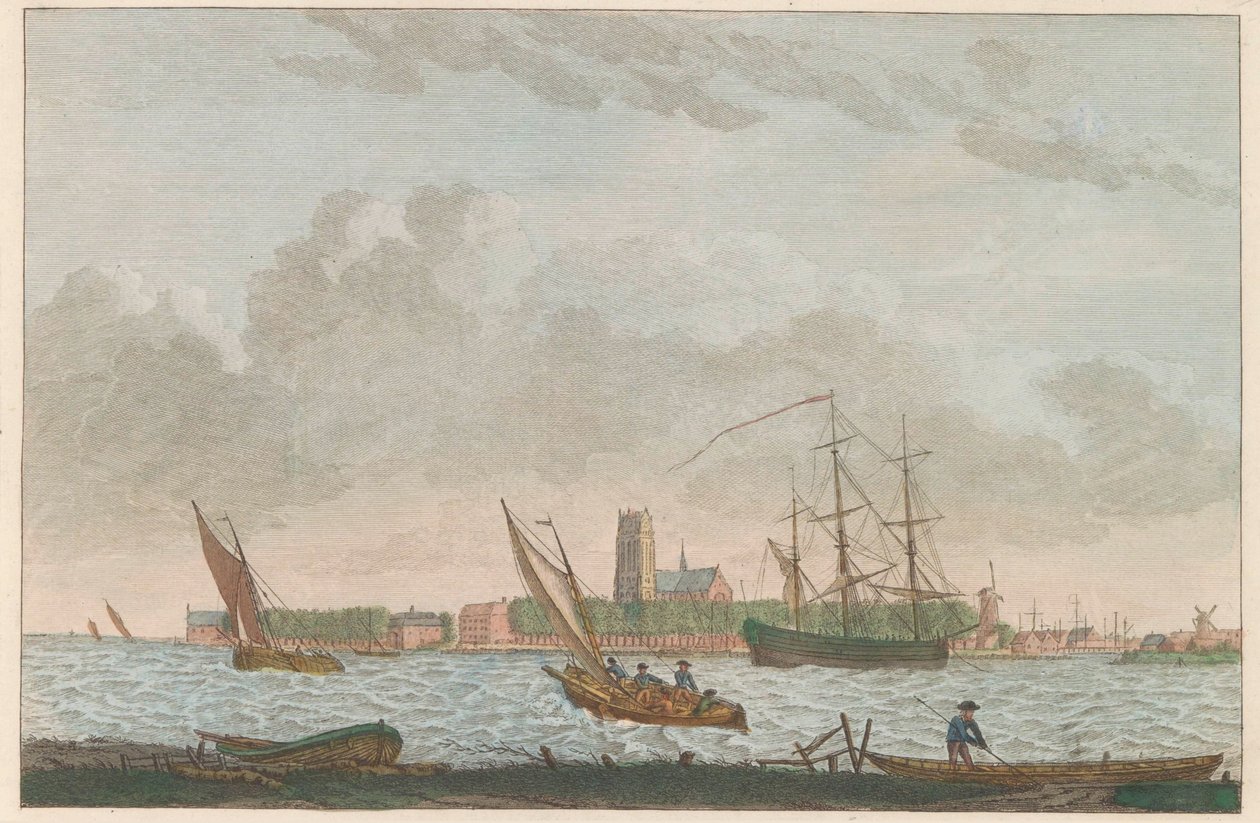 Dordrecht z Merwede, asi 1790 Dordrecht van de Merwe na displeji / La ville Dordrecht - cena du coté dela riviere dite la Merwe (název na objektu) od Carel Frederik Bendorp (I)