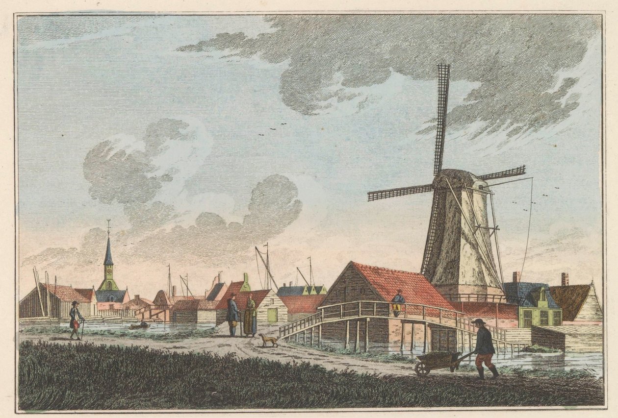 Nieuwendam, asi 1790 Nieuwendam. Na západ je vidět z Meerdijku (název na objektu) od Carel Frederik Bendorp (I)
