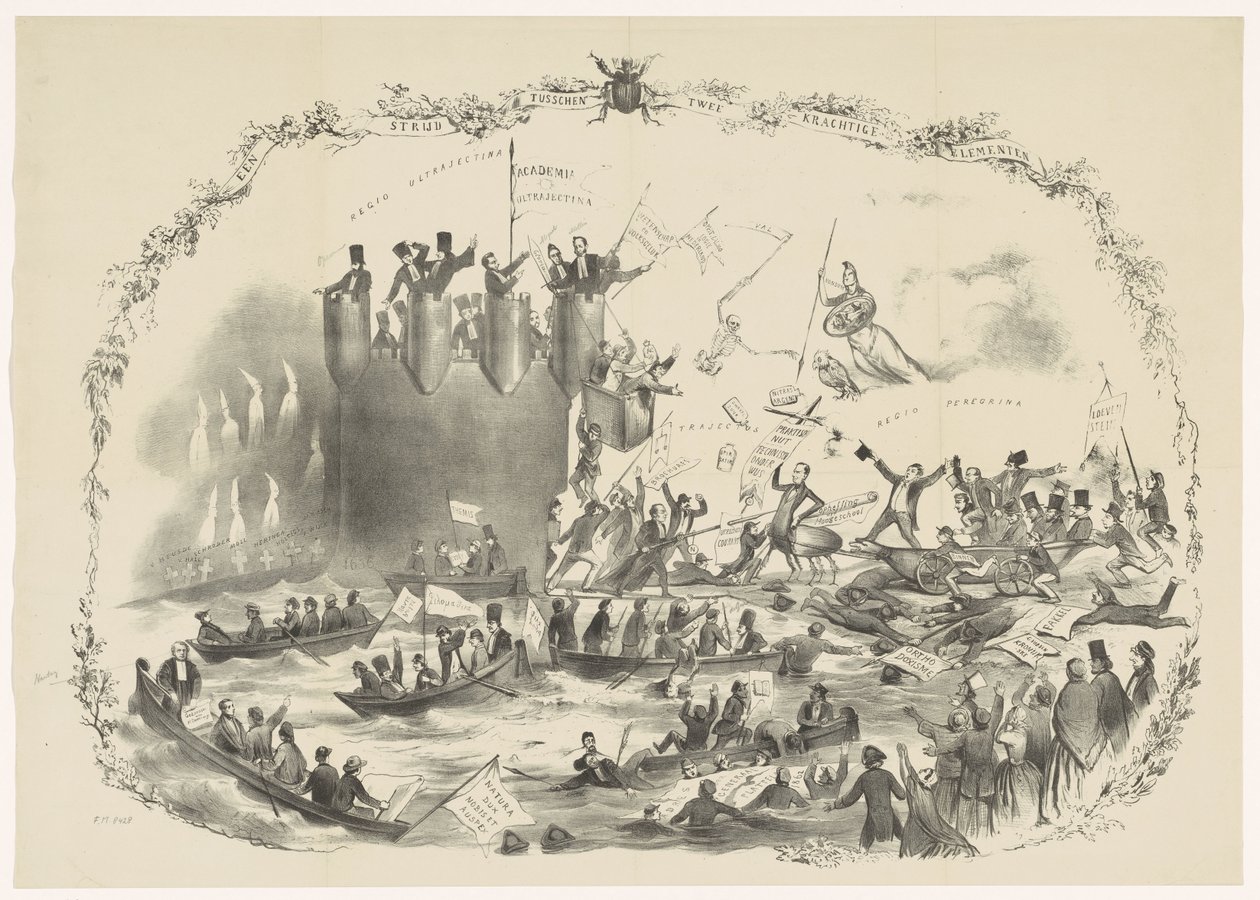 Karikatura zobrazující Thorbeckovy plány na zrušení Utrechtské univerzity aplikovaných věd, 1863 Bitva mezi dvěma mocnými živly (název na objektu) od Carel Hendrik Thiebout
