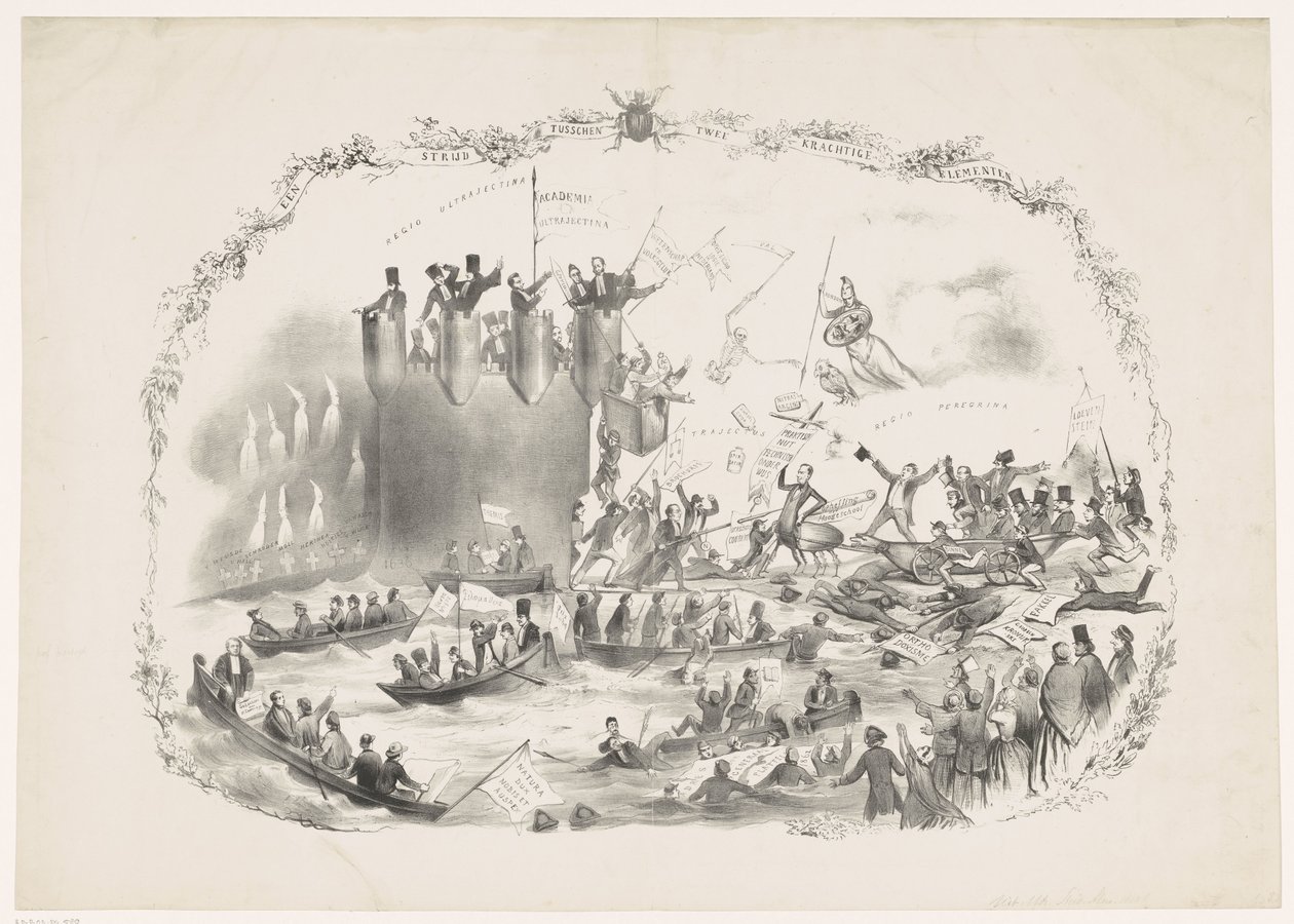 Karikatura zobrazující Thorbeckovy plány na zrušení Utrechtské univerzity aplikovaných věd, 1863 Bitva mezi dvěma mocnými živly (název na objektu) od Carel Hendrik Thiebout