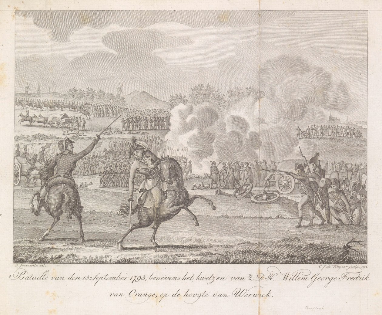 Princ Frederik je zraněn ve Werviku, 1793 Bataille ze 13. září 1793, kromě zranění H.D.H. Willem George Fredrik z Orange, vedle Werwicku (titul na předmětu) od Carel Jacob de Huyser