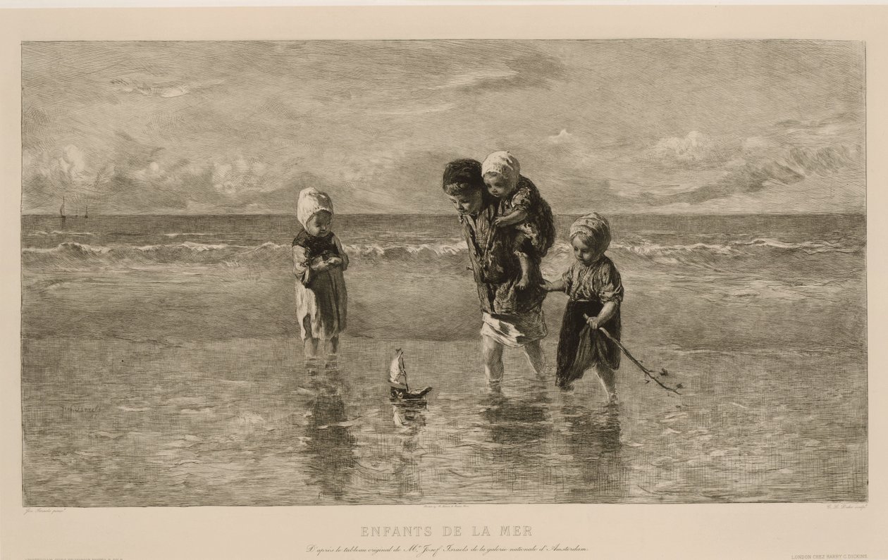Čtyři děti si hrají s hračkou na pláži v mělké mořské vodě Děti moře Enfants de la mer (název na objektu) od Carel Lodewijk Dake