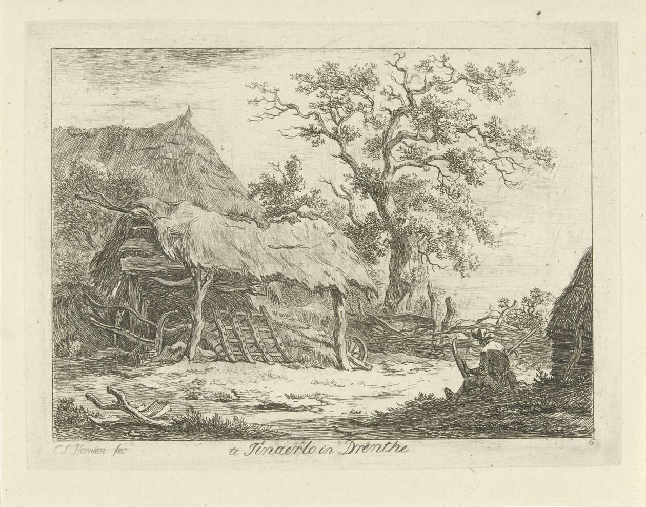 Sedící postava u stodoly Te Tinaerlo in Drenthe (název na objektu) Krajiny (1-6) (název série) od Carel Lodewijk Hansen