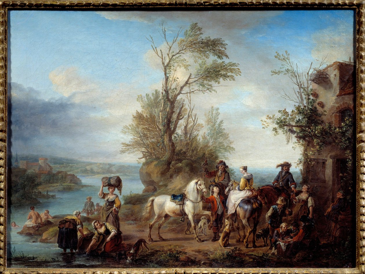 Jděte lovit Lavandieres a koupat se na břehu řeky. Obraz Carel van Falens (1683-1733) 1726 Ne. 0,45x0,6m od Carel van Falens or Valens
