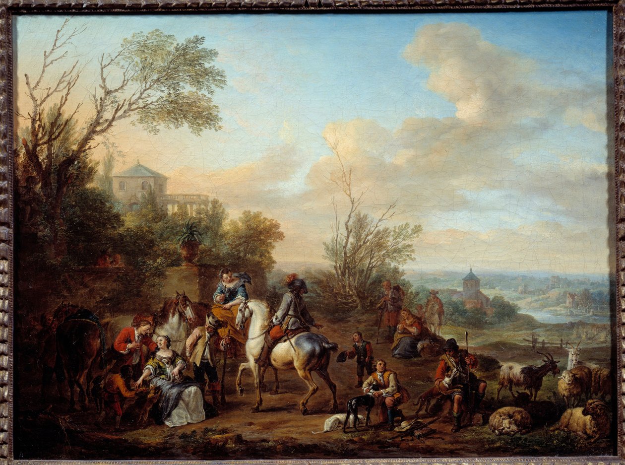 Zastavení lovců Obraz Carel Van Falens (1683-1733) 18. století Sun. 0,45x0,6m od Carel van Falens or Valens