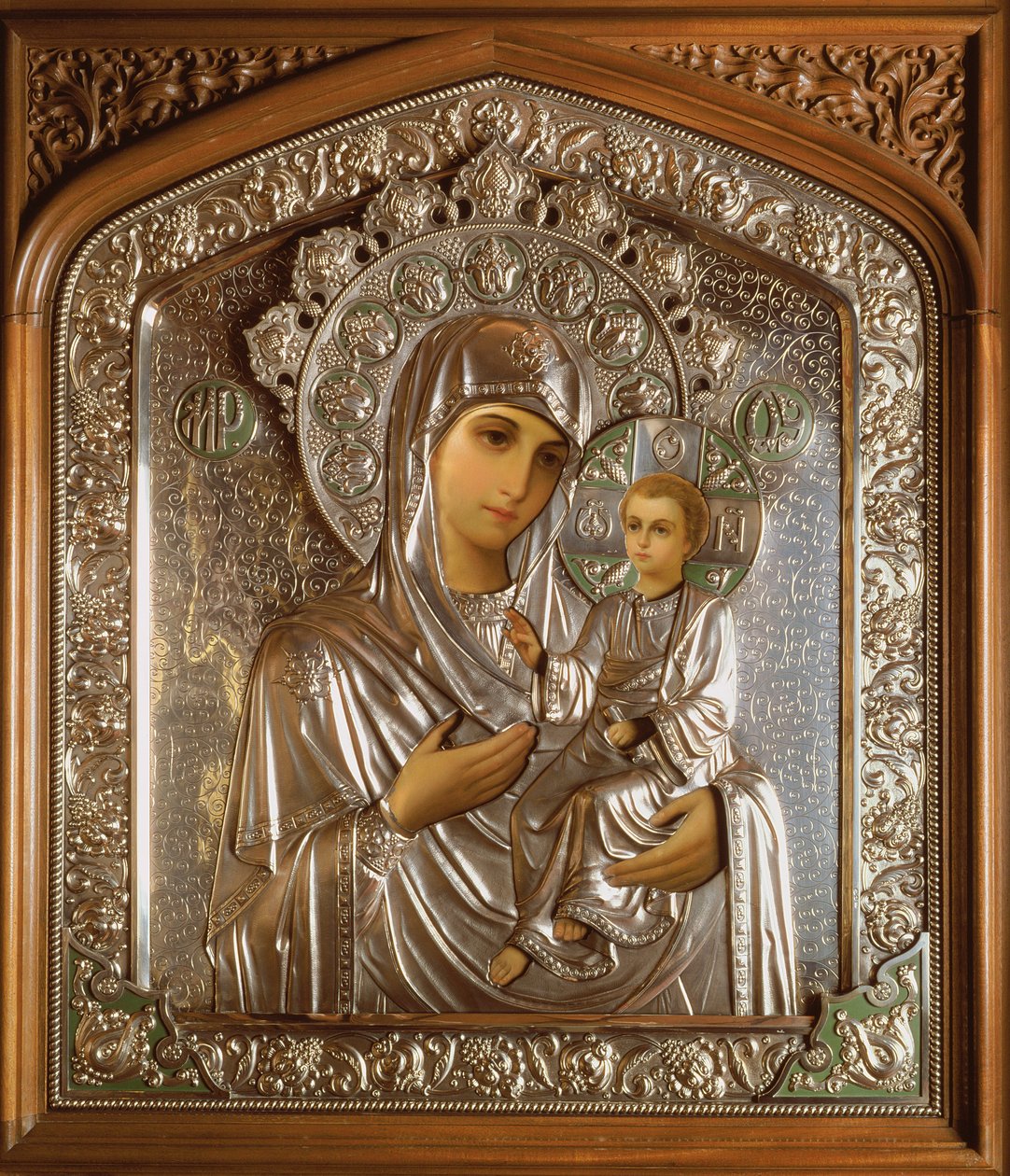 Ikona Panny Marie s Ježíškem, 1908 (olej na desce a stříbro) od Carl Fabergé