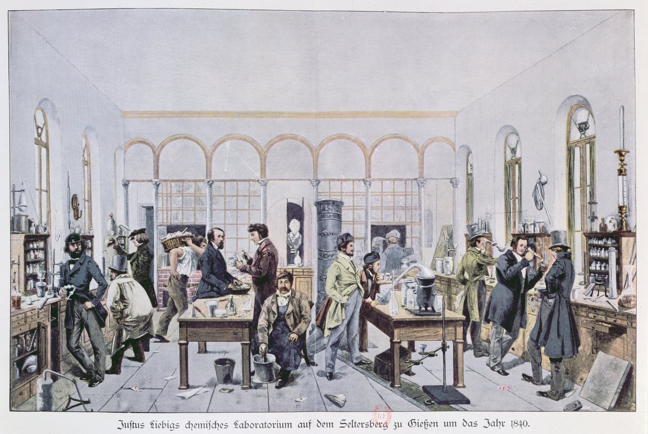 Pohled na chemickou laboratoř barona Justuse von Liebiga (1803-73) kolem roku 1840 v Giessenu od Carl Friedrich Wilhelm Trautschold
