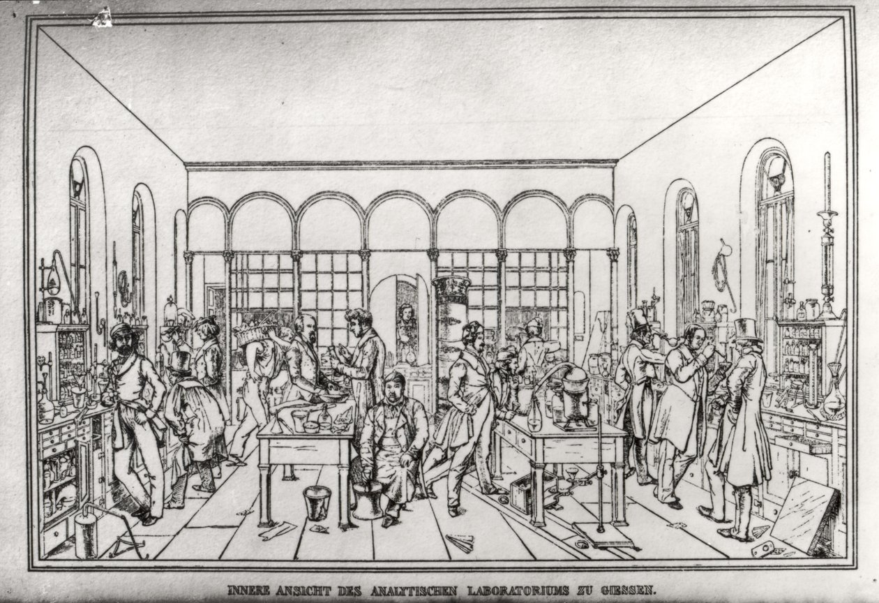 Pohled na chemickou laboratoř barona Justuse von Liebiga (1803-73) v Giessenu od Carl Friedrich Wilhelm Trautschold