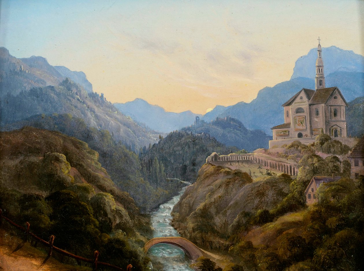 Večerní horská krajina s údolím řeky a komplexem klášterů od Carl Gustav Carus