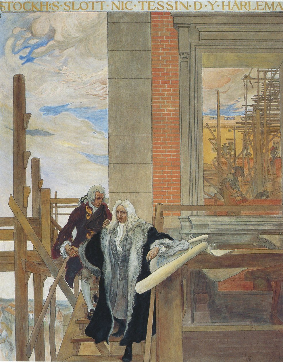Jedna z fresek Národního muzea ukazující Slottsbygget od Carl Larsson