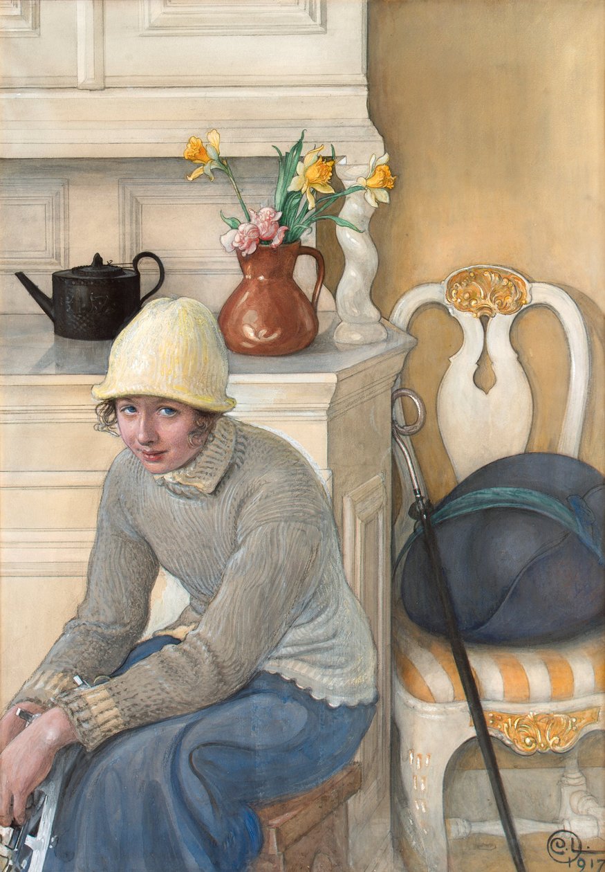 Dívka s bruslemi, interiér ze školní domácnosti, Falun 1917 od Carl Larsson