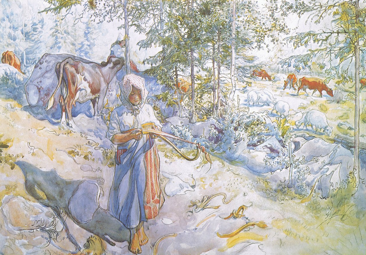 Poslední ze všech přišel malý Kertsi s vrbovou větvičkou, aby zahnal krávy. od Carl Larsson