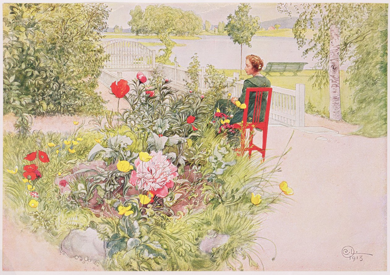 Summer in Sundborn, 1913, z komerčně tištěného portfolia, vydaného v roce 1939 (barevná litografie) od Carl Larsson