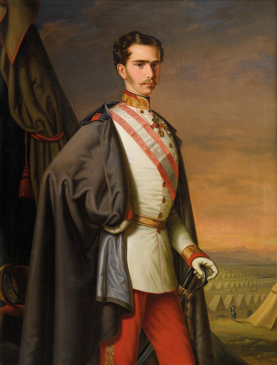 Císař František Josef Rakouský v uniformě jako polní maršál, v pozadí polní tábor od Carl Lemmermayer