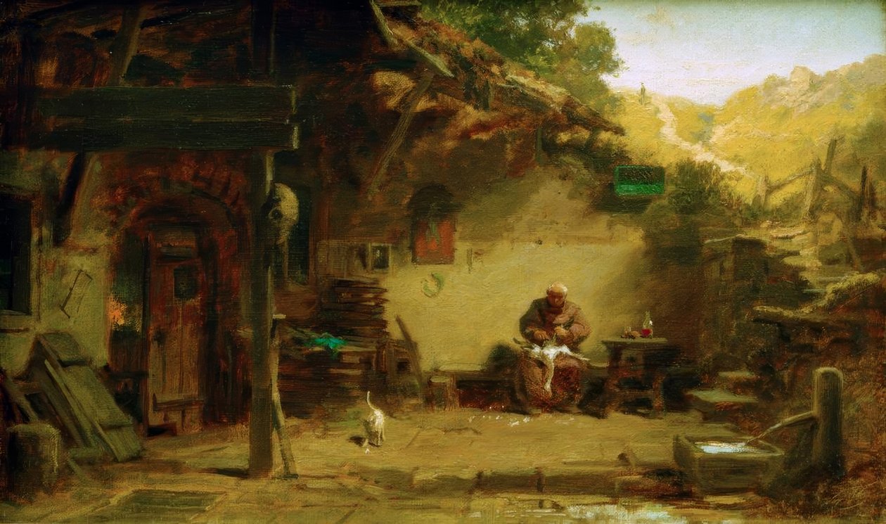 Starý mnich, škubající husu před svou poustevnou od Carl Spitzweg