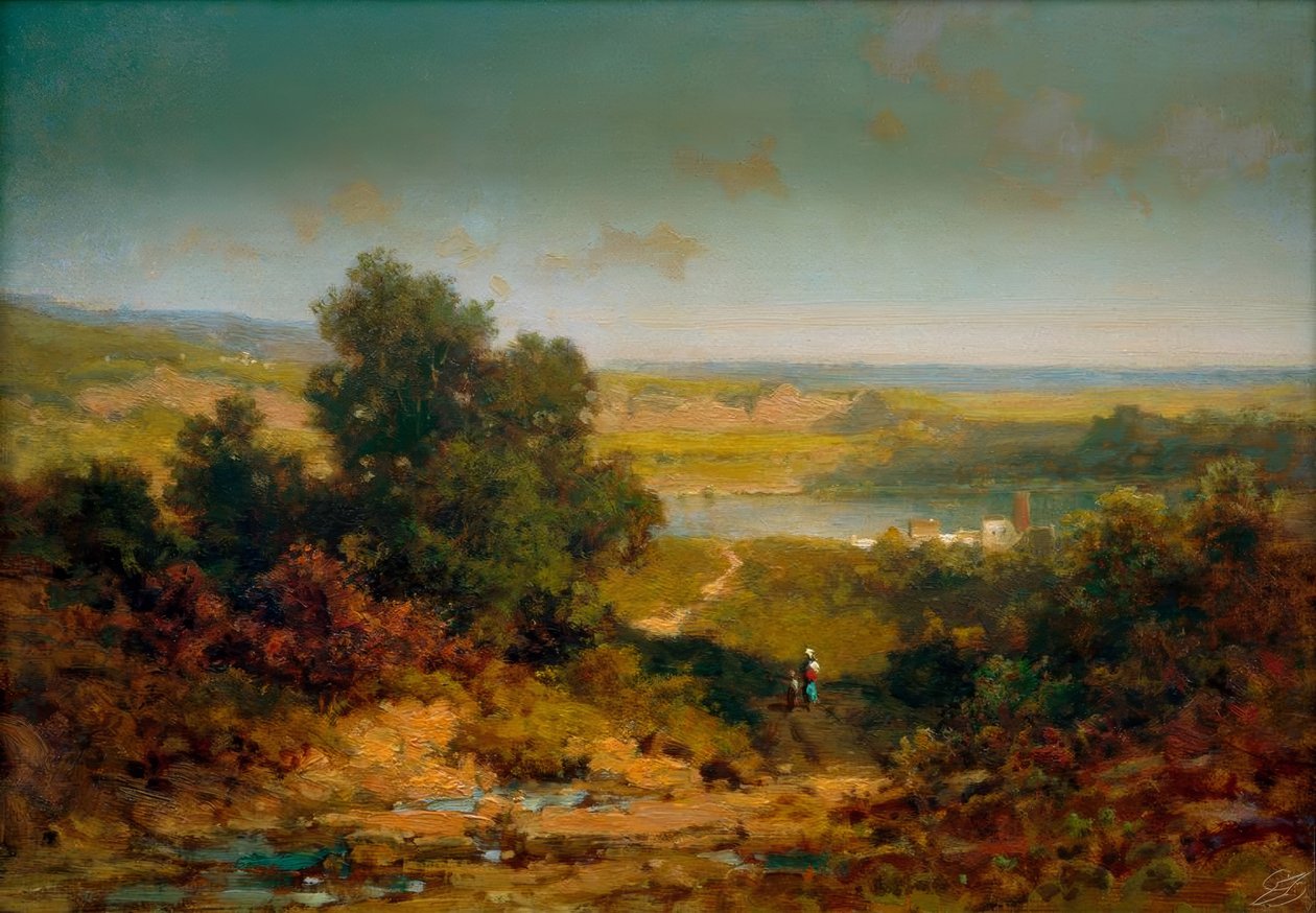 Krajina s vesnicí a řekou od Carl Spitzweg