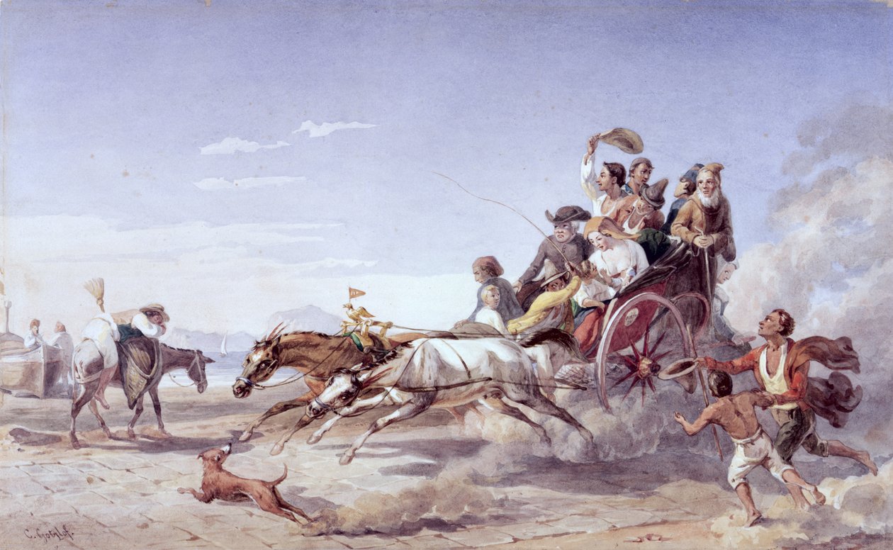 Frantic Neapolitan Barouche, 1828 (wc přes tužku na pergamenu) od Carl Wilhelm Goetzloff