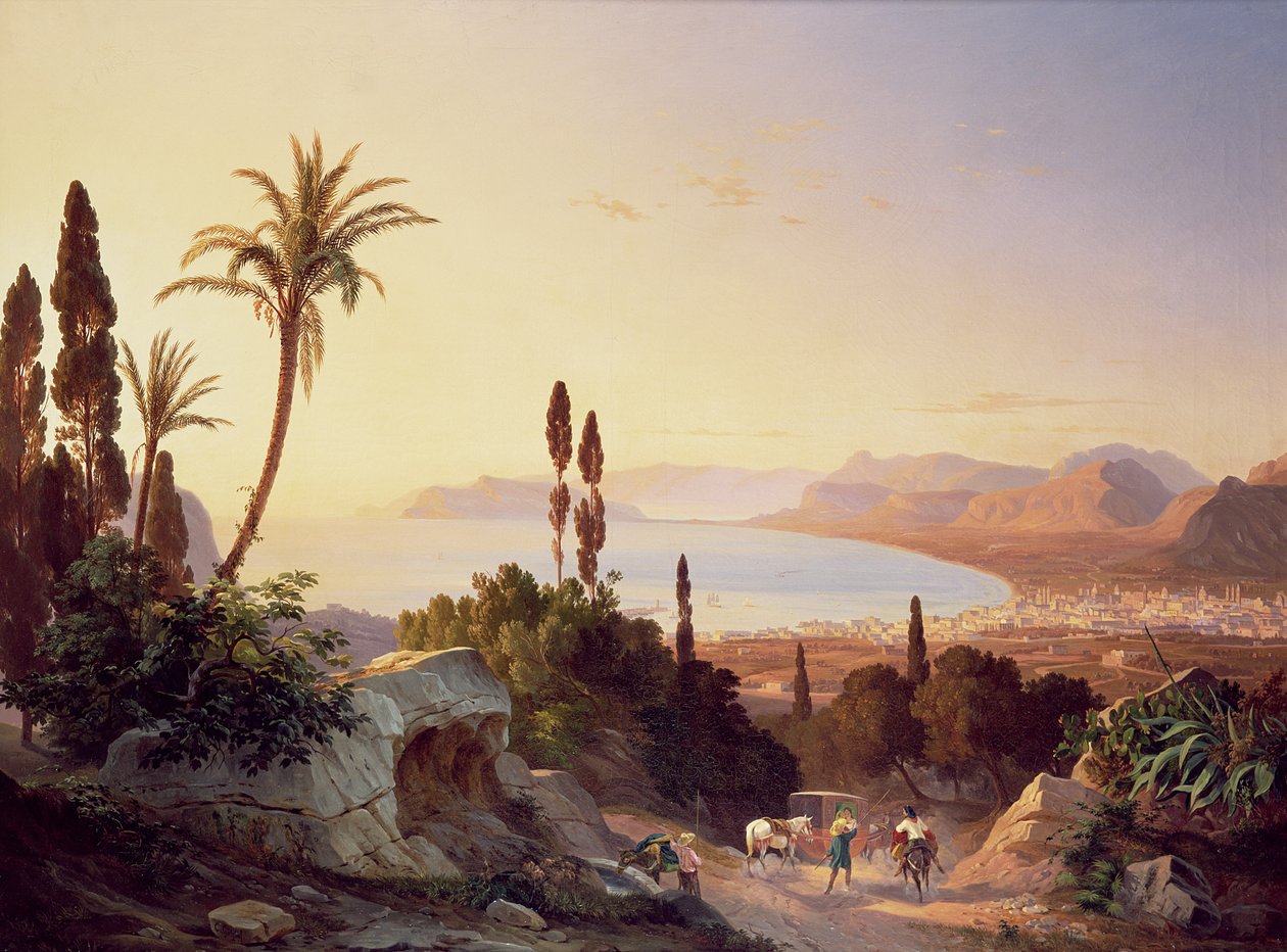 Palermský záliv při pohledu na mys Zafferano, kolem roku 1845 od Carl Wilhelm Goetzloff